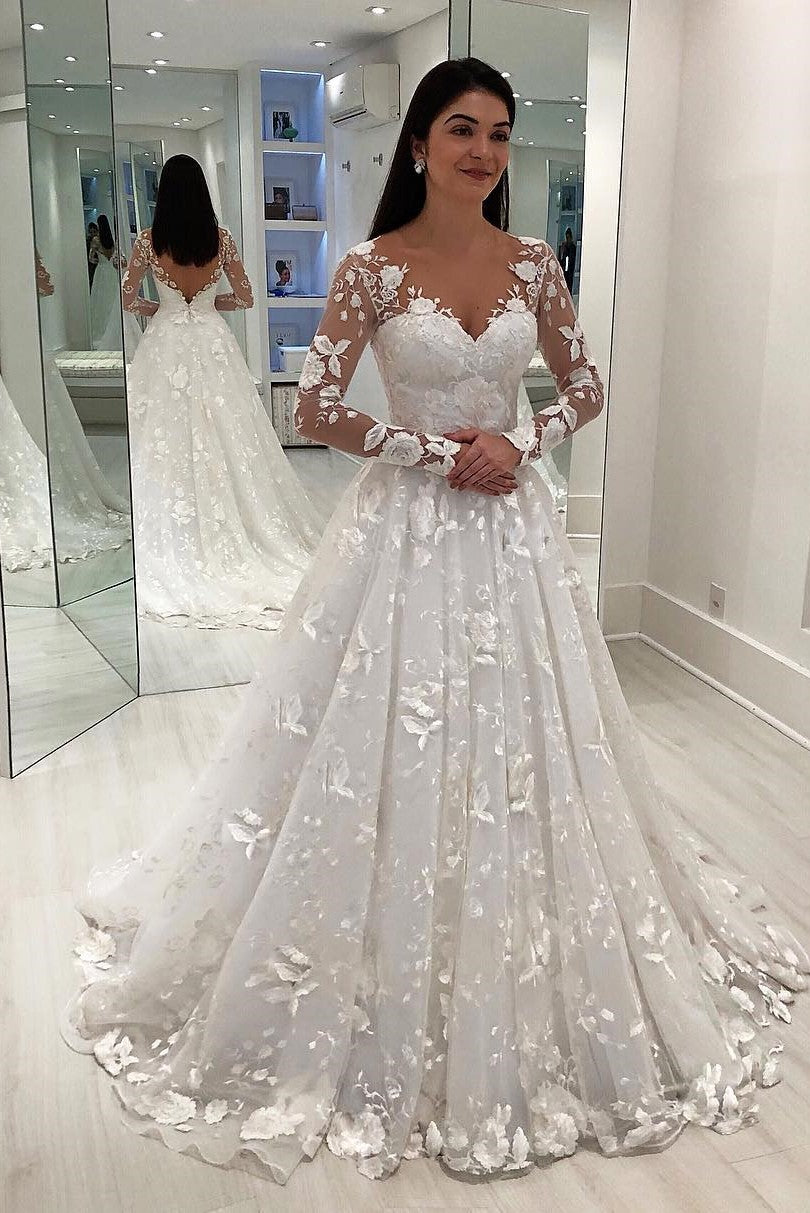 A-line V-neck Long Sleeve Floor Length Chapel Tulle Crochet Flower Wedding Dress