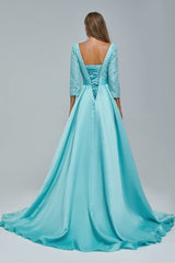 A-line V-neck Long sleeves Floor-length Backless High Split Satin Lace Crystal Detailing Beautiful Prom Dress