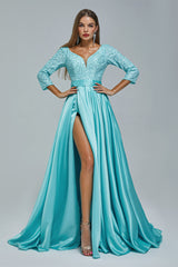 A-line V-neck Long sleeves Floor-length Backless High Split Satin Lace Crystal Detailing Beautiful Prom Dress