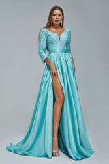 A-line V-neck Long sleeves Floor-length Backless High Split Satin Lace Crystal Detailing Beautiful Prom Dress