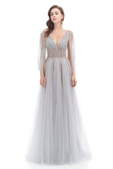 A-line V-neck Sequined Floor-length Open Back Long Sleeve Appliques Lace Prom Dress