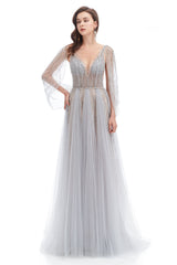 A-line V-neck Sequined Floor-length Open Back Long Sleeve Appliques Lace Prom Dress