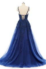 A-line V-neck Spaghetti strap Floor-length Sleeveless Backless Appliques Lace Elegant Prom Dress