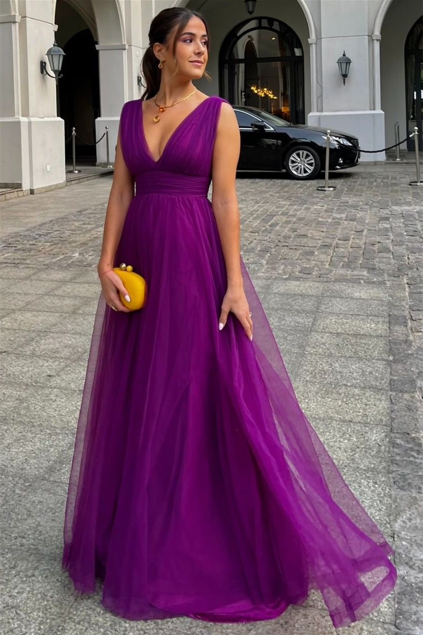 A-line V-neck Strap Sleeveless Floor-length Prom Dress