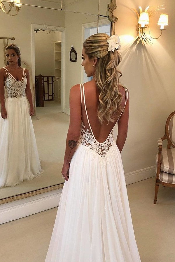 A-line V-neck Wide Strap Floor Length Backless Applique Wedding Dress