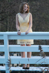 A-line V-neck Wide Strap Knee Length Organza Lace Rhinestone Prom Dress
