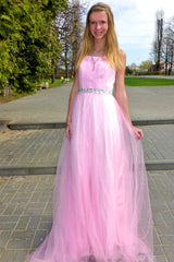 A-line Wide Strap Floor Length Chrmuse Tulle Rhinestone Prom Dress