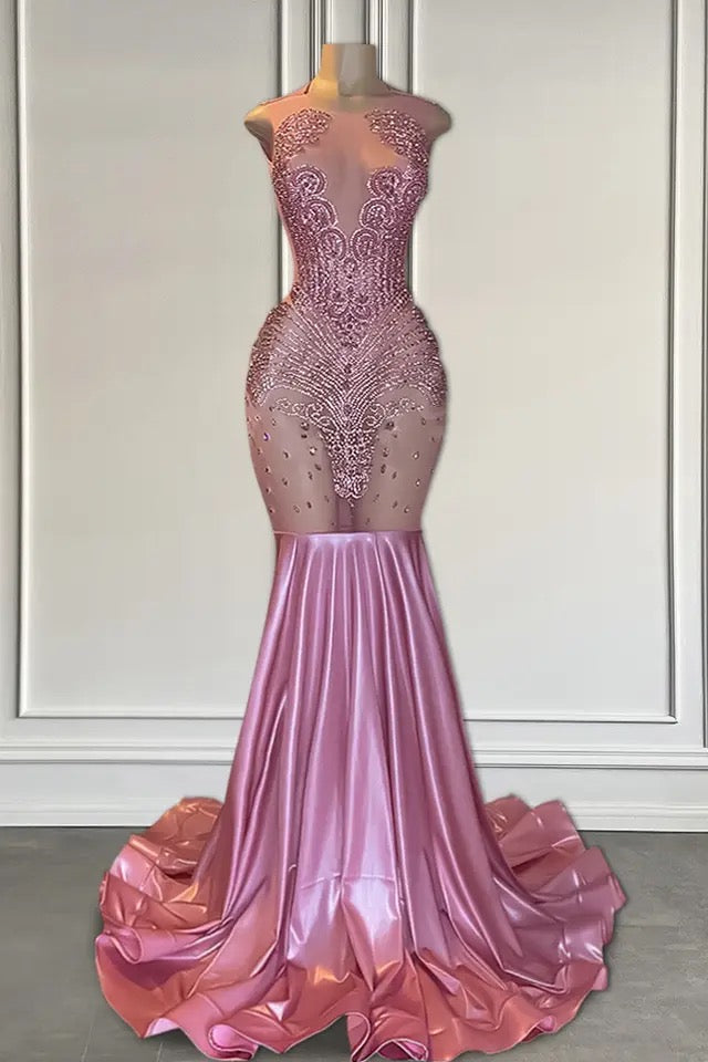 Long Pink Sleeveless Mermaid Prom Dress Featuring Beadings