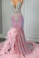 Pink Halter Mermaid Prom Dress with Sequins Beadings and Tulle Ruffle