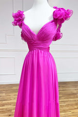 Lace-Up Fuchsia V-Neck Ruffle Pleated Long Prom Dress