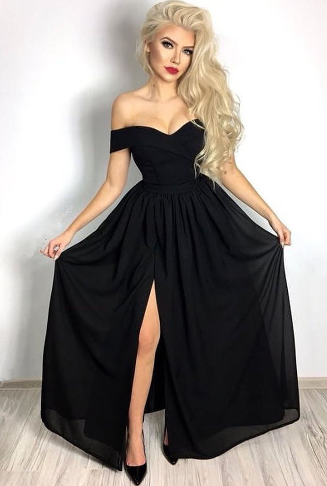 Affordable Chic Black Formal Dresses Off-the-Shoulder Front Slit Evening Dresses