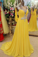 Affordable Yellow Spaghetti Strap Open Back Prom Dresses Sleeveless Applique Evening Dresses with Beads