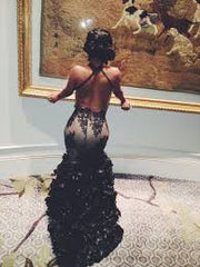 Alluring Keyhole Black Lace Ruffles High-Neck Sleeveless Backless Prom Party Gowns