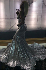 Alluring Spaghetti straps Glittering Sequins Sleeveless Mermaid Open Back Evening Dresses