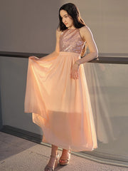 Amazing Chiffon Sequin Scoop Sleeveless Ankle-Length Junior/Girls Bridesmaid Dresses
