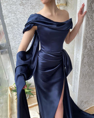 Amazing Long Navy Off-the-Shoulder Mermaid Prom Dresses Long Slit Online