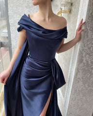 Amazing Long Navy Off-the-Shoulder Mermaid Prom Dresses Long Slit Online