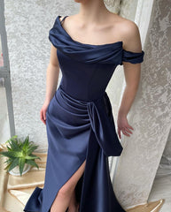 Amazing Long Navy Off-the-Shoulder Mermaid Prom Dresses Long Slit Online