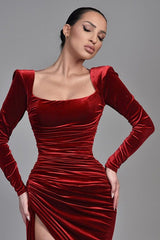 Amazing Long Sleeves Burgundy Prom Dress Velvet  Split