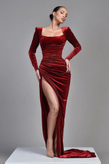 Amazing Long Sleeves Burgundy Prom Dress Velvet  Split