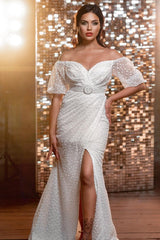 Amazing Long V-Neck Glitter Wedding Dresses Online With Long Sleevess