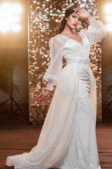 Amazing Long V-Neck Glitter Wedding Dresses Online With Long Sleevess