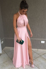 Amazing Pink Halter Side-Slit Prom Dresses Sleeveless Evening Dresses with Keyhole