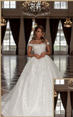 Amazing Princess Long White Off-the-Shoulder Glitter Long Wedding Dresses Online