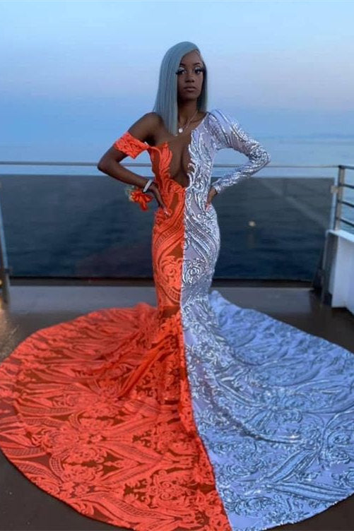 Amazing V-Neck Off-the-shoulder Long Sleeve Appliques Long Mermaid Prom Dress