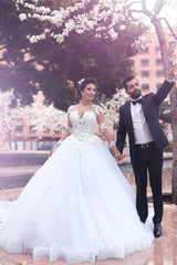 AmazingLong Sleeves Ball Gown Wedding Dresses Latest Lace Applique Bridal Gowns