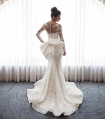 AmazingMermaid Lace Wedding Dress with Sleeves Bowknot Detachable Overskirt Bride Dress