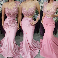 Appliques Lace Mermaid Evening Dresses Pink Formal Dresses