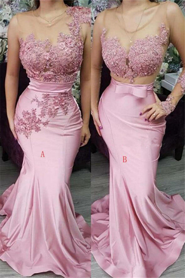 Appliques Lace Mermaid Evening Dresses Pink Formal Dresses