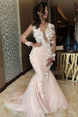 Appliques Mermaid Lace Prom Dresses V-neck Formal Gowns