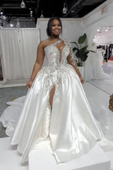 Asymmetrical Mermaid High Split One Shoulder Floor-length Long Sleeve Open Back Appliques Lace Wedding Dresses