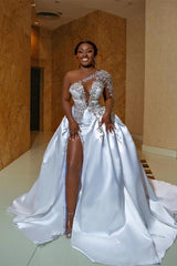 Asymmetrical Mermaid High Split One Shoulder Floor-length Long Sleeve Open Back Appliques Lace Wedding Dresses