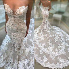 Backless Strapless Modern Mermaid Wedding Dresses Cathedral Train Lace Dresses for Weddings