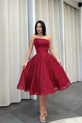 Ball Gown Asymmetrical Strapless Sequined Tea-length Sleeveless Open Back Elegant Homecoming Dress