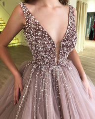 Ball Gown Deep V-neck Wide Strap Floor Length Tulle Beaded Prom Dress