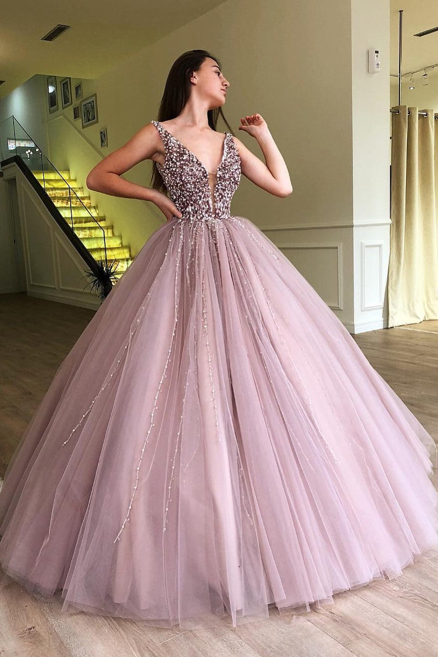 Ball Gown Deep V-neck Wide Strap Floor Length Tulle Beaded Prom Dress