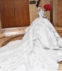 Ball Gown High neck Luxurious Train Long Sleevess Sparkle Applique Satin Wedding Dresses