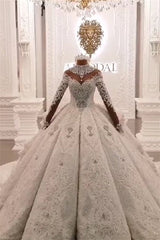 Ball Gown High neck Luxurious Train Long Sleevess Sparkle Applique Satin Wedding Dresses