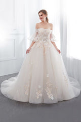 Ball Gown Off the shoulder Floor Length Appliques Tulle Wedding Dresses