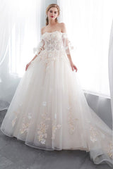 Ball Gown Off the shoulder Floor Length Appliques Tulle Wedding Dresses