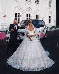 Ball Gown Off-the-shoulder Floor Length Tulle Lace Applique Crochet Flower Wedding Dress