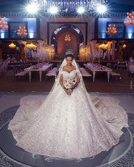 Ball Gown Off-the-shoulder Floor Length Tulle Lace Applique Crochet Flower Wedding Dress