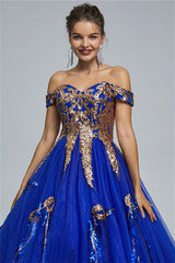 Ball Gown Off-the-shoulder Sweetheart Tulle Applique Floor-length Backless Prom Dress