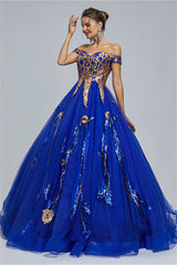 Ball Gown Off-the-shoulder Sweetheart Tulle Applique Floor-length Backless Prom Dress