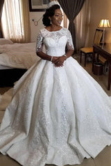 Ball Gown Round Collar Long Sleeves Floor Length Charmeuse Crochet Flower Wedding Dress