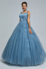 Ball Gown Spaghetti strap Square Neckline Beading Tulle Ankle Length Open Back Beautiful Prom Dress